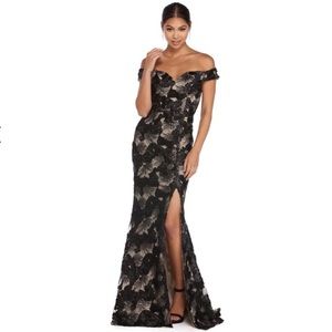 Black Nude Lace Off Shoulder Prom Dress Size M